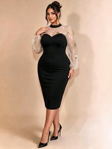 Cravure Plus Size Elegant Party Midi Dress, Sequin Mesh Long Sleeve Spliced Knit Bodycon Evening Dress Fall - Multicolor - View 2