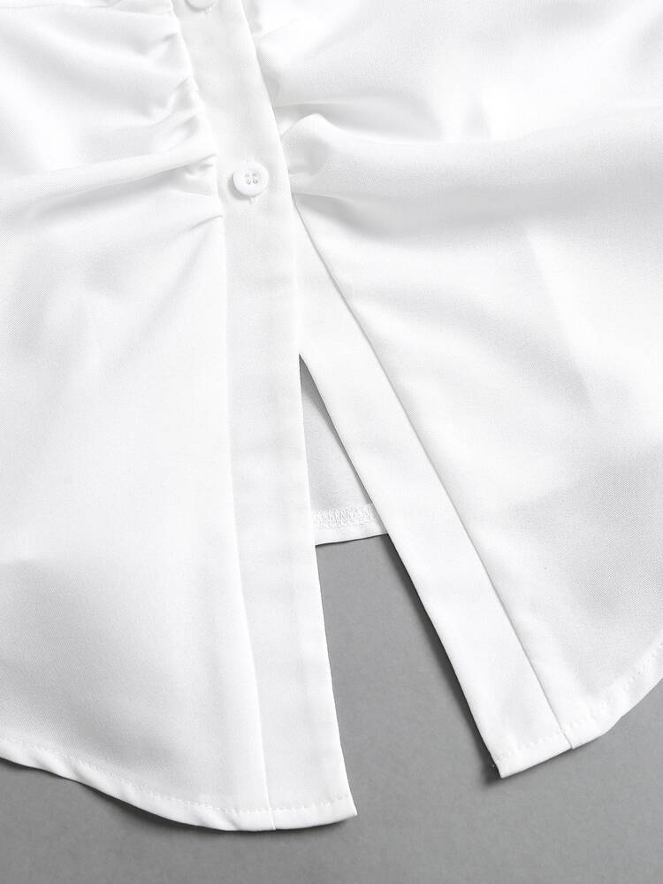 Sweetra Women's Solid Color French Chic Elegant Business Casual Sexy Cinched Waist Pleated Single-Breasted Shirt Office Work Brunch All White Autumn - White - View 4