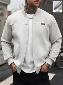 Manfinity CasualCool Jaket Baseball Pria Bahan Suede Imitasi, Jaket Kerah Tegak Abu-abu Muda dengan Resleting dan Patch Kulit, Jaket Luar Bergaris Longgar Kasual Serbaguna untuk Perjalanan Sehari-hari di Musim Gugur/Dingin - Grey - View 3