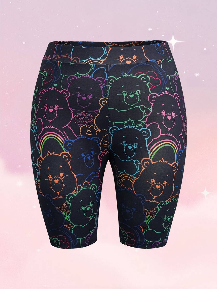 SHEIN X Care Bears Plus Size Cartoon Print Fitted Base Layer Shorts - Black - View 1