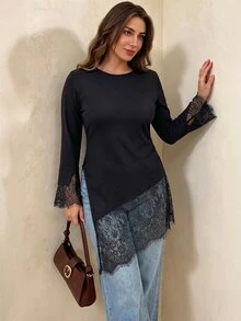 Elegantrix Plus Size Black Ribbed Knit Mock Neck Lace Asymmetrical Top, Versatile Everyday Commute Base Layer Fall - Black - View 2