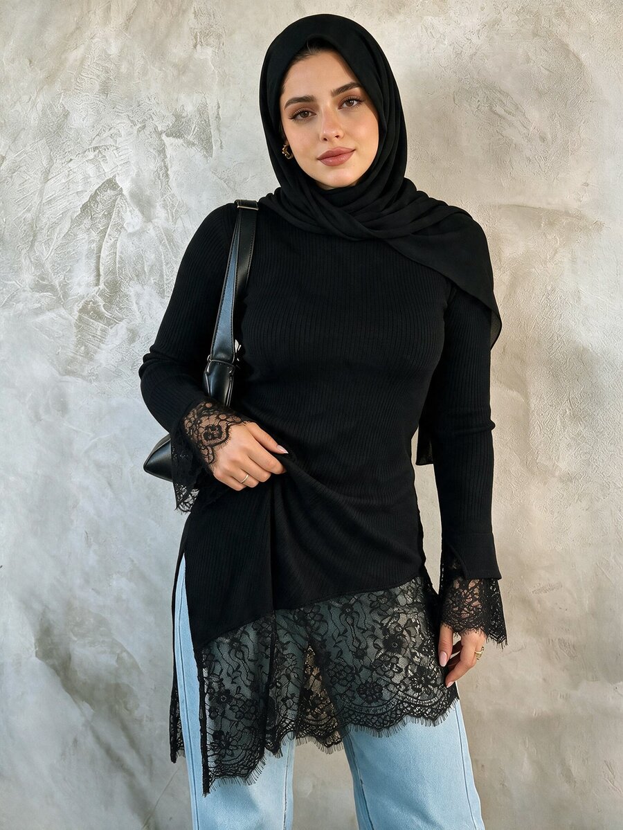 Elegantrix Plus Size Black Ribbed Knit Mock Neck Lace Asymmetrical Top, Versatile Everyday Commute Base Layer Fall - Black - View 1