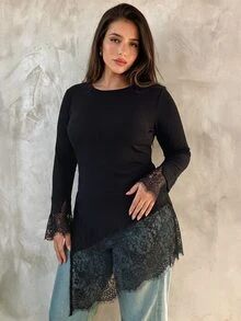 Elegantrix Plus Size Black Ribbed Knit Mock Neck Lace Asymmetrical Top, Versatile Everyday Commute Base Layer Fall - Black - View 3