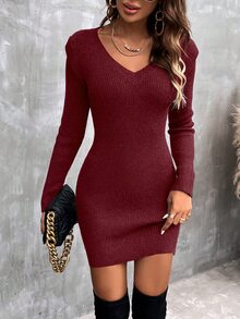 SHEIN Clasi Women's Solid Color Sweater Dress Fall Winter Cloth For Women - Burgundy - View 4