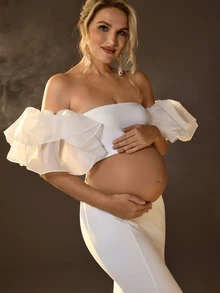 Cheriluna Maternity Maternity Plain Bandeau Top And Skirt, Photography Set For Maternity Photoshoot - White - View 7