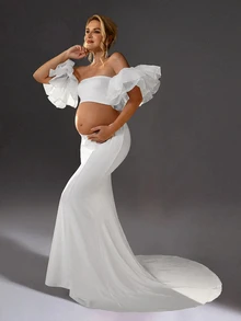Cheriluna Maternity Maternity Plain Bandeau Top And Skirt, Photography Set For Maternity Photoshoot - White - View 1