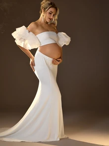 Cheriluna Maternity Maternity Plain Bandeau Top And Skirt, Photography Set For Maternity Photoshoot - White - View 4