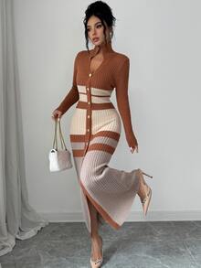 Penseblé Kardigan Panjang Kancing Depan Motif Garis-Garis Blok Warna - MultiWarna - View 5