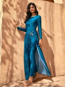 Swim Shayni 优雅的蓝绿色女士长袖连体裤和薄纱裙套装 - 不对称金属扣和长裤款式，是度假或节日场合的理想之选 - 水鴨藍 - 查看 5