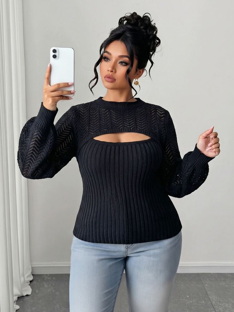 Elenzga Autumn/Winter Plus Size Solid Color 2 In 1 Set Crew Neck Sexy Hollow Out Lantern Sleeve Slim Fit Casual Pullover Sweater - Black - View 6