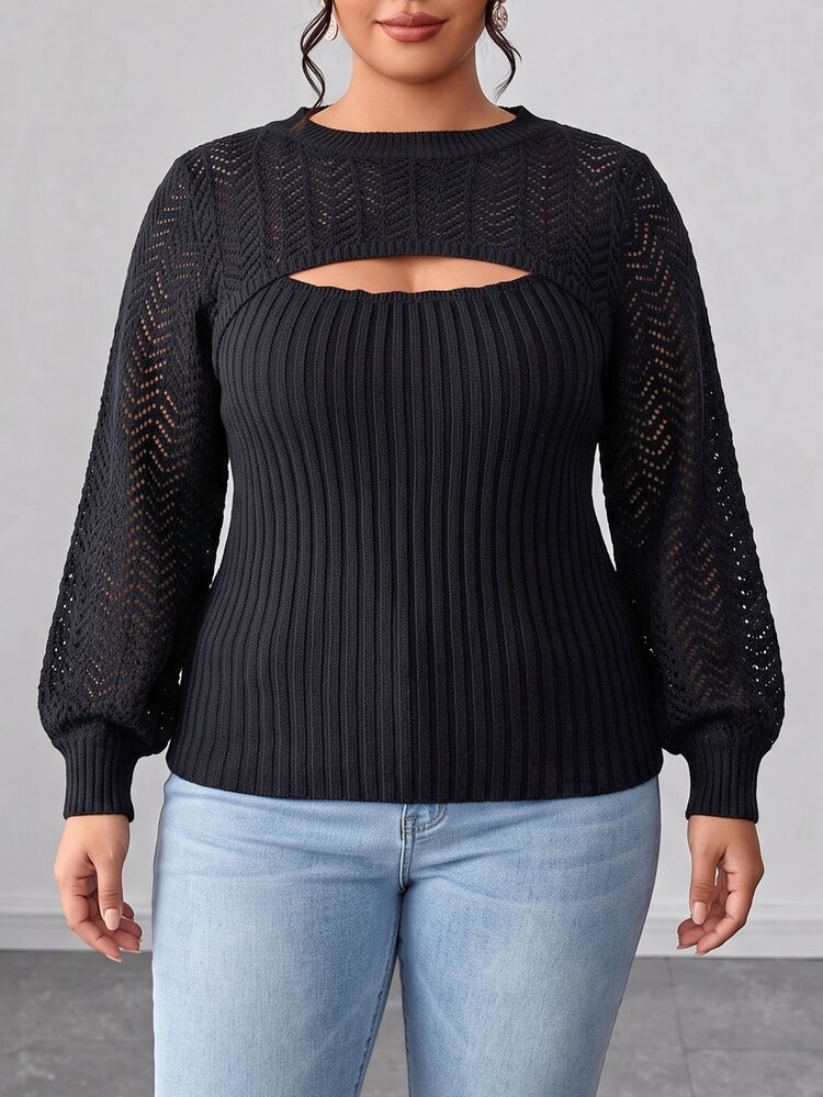 Elenzga Autumn/Winter Plus Size Solid Color 2 In 1 Set Crew Neck Sexy Hollow Out Lantern Sleeve Slim Fit Casual Pullover Sweater - Black - View 4