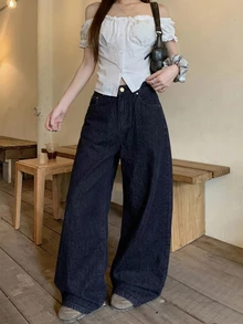DAZY Women's Letter Print Pocket Wide Leg Loose Casual Versatile Denim Jeans Fall - Blue - View 3