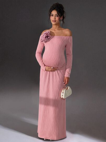 Cheriluna Maternity Vestido elegante con hombros descubiertos y flores 3D para sesión de fotos de maternidad