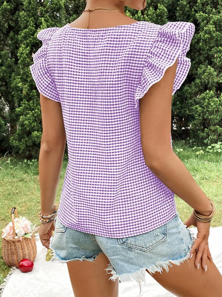 KARISMINA Vacation Plaid Cap Sleeve Square Neck Regular Fit Women Shirt - Mauve Purple - View 2