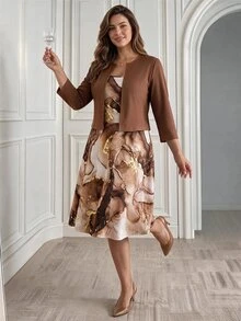 Miaspire Plus Size Vintage Elegant Teachers' Day Marble Print Dress With Cardigan 2 Pieces Set Formal Cocktail Dinner Chocolate Brown Beige Summer - Khaki - View 6