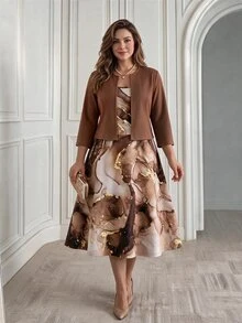 Miaspire Plus Size Vintage Elegant Teachers' Day Marble Print Dress With Cardigan 2 Pieces Set Formal Cocktail Dinner Chocolate Brown Beige Summer - Khaki - View 1
