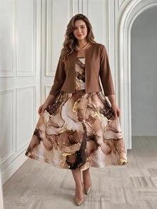 Miaspire Plus Size Vintage Elegant Teachers' Day Marble Print Dress With Cardigan 2 Pieces Set Formal Cocktail Dinner Chocolate Brown Beige Summer - Khaki - View 2