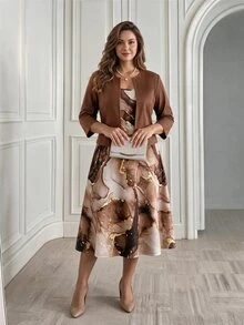Miaspire Plus Size Vintage Elegant Teachers' Day Marble Print Dress With Cardigan 2 Pieces Set Formal Cocktail Dinner Chocolate Brown Beige Summer - Khaki - View 3