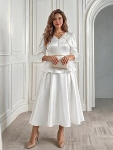 Miaspire Plus Size Elegant Party Formal Solid Color Skirt Wedding White Summer - White - View 3