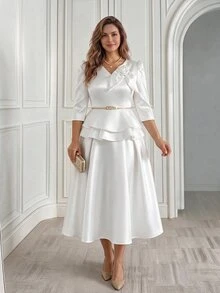 Miaspire Plus Size Elegant Party Formal Solid Color Skirt Wedding White Summer - White - View 1