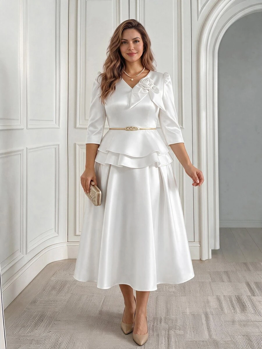 Miaspire Plus Size Elegant Party Formal Solid Color Skirt Wedding White Summer - White - View 1