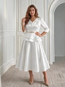 Miaspire Plus Size Elegant Party Formal Solid Color Skirt Wedding White Summer - White - View 4