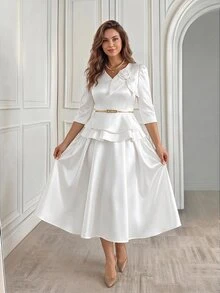 Miaspire Plus Size Elegant Party Formal Solid Color Skirt Wedding White Summer - White - View 5