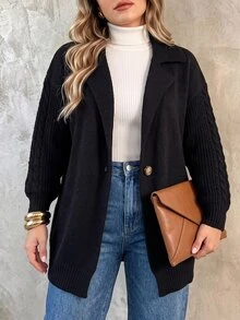 Linhara CURVE Autumn/Winter Plus Size Solid Color Loose Fit Lapel Button Cardigan Cable Knit Long Sleeve Casual Jacket - Black - View 6
