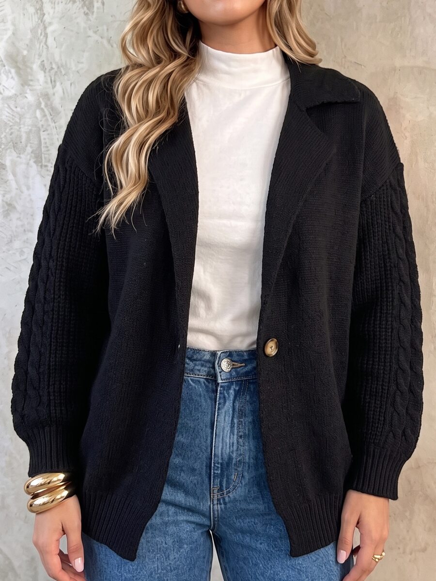 Linhara CURVE Autumn/Winter Plus Size Solid Color Loose Fit Lapel Button Cardigan Cable Knit Long Sleeve Casual Jacket