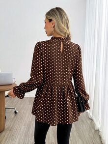 Easowa 女款休閒棕色波點印花基本襯衫，適合秋冬日常穿著與外出，波點上衣，外出上衣 - 彩色 - 查看 4