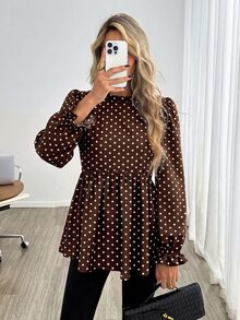 Easowa 女款休閒棕色波點印花基本襯衫，適合秋冬日常穿著與外出，波點上衣，外出上衣 - 彩色 - 查看 1