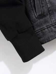 Manfinity EMRG 男士鈕扣前襟長袖工裝口袋休閒丹寧連帽夾克，適合秋季 - 黑色 - 查看 3