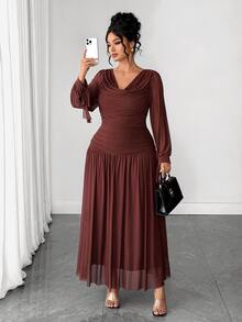 Elenzga Plus Size Dark Green Chiffon Ruched Long Dress With Bowknot Straps, Fall Cowl Neck Long Sleeve, Wedding Guest Dinner Cocktail Formal Elegant Party - Brown - View 7