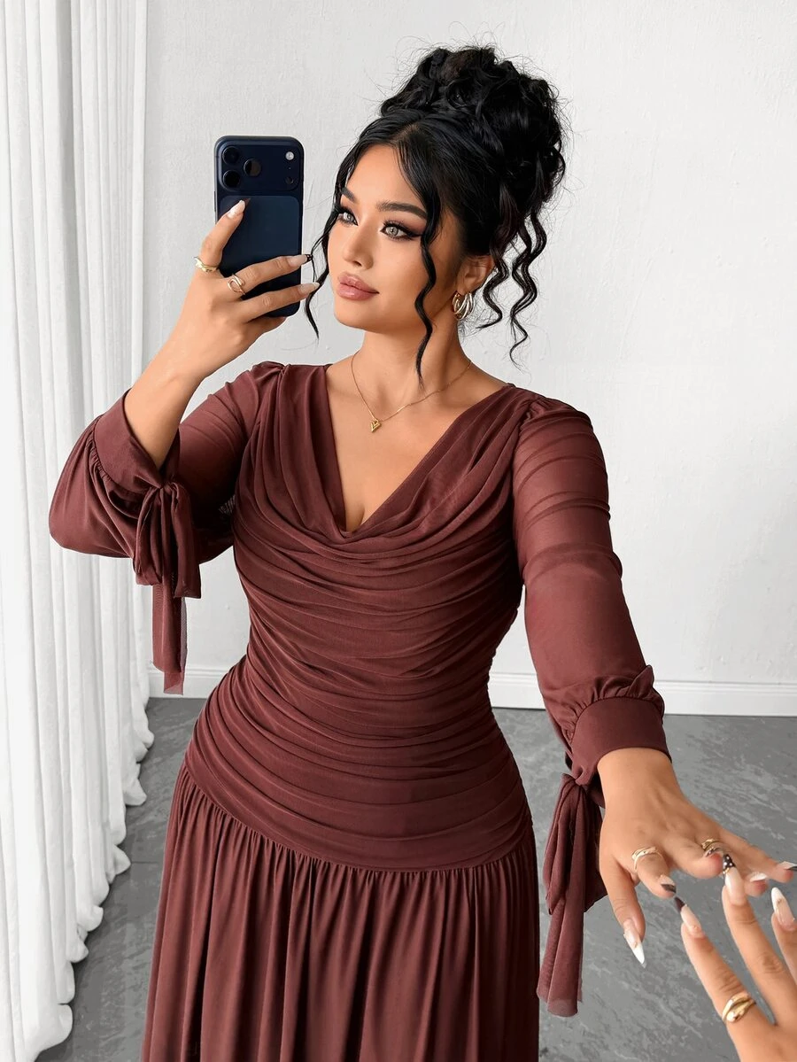 Elenzga Plus Size Dark Green Chiffon Ruched Long Dress With Bowknot Straps, Fall Cowl Neck Long Sleeve, Wedding Guest Dinner Cocktail Formal Elegant Party - Brown - View 1