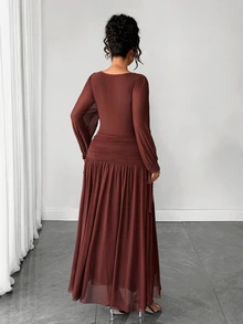 Elenzga Plus Size Dark Green Chiffon Ruched Long Dress With Bowknot Straps, Fall Cowl Neck Long Sleeve, Wedding Guest Dinner Cocktail Formal Elegant Party - Brown - View 6