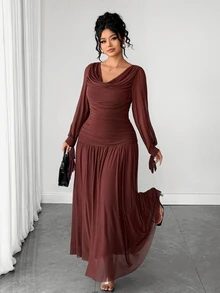 Elenzga Plus Size Dark Green Chiffon Ruched Long Dress With Bowknot Straps, Fall Cowl Neck Long Sleeve, Wedding Guest Dinner Cocktail Formal Elegant Party - Brown - View 5