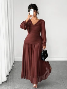 Elenzga Plus Size Dark Green Chiffon Ruched Long Dress With Bowknot Straps, Fall Cowl Neck Long Sleeve, Wedding Guest Dinner Cocktail Formal Elegant Party - Brown - View 3