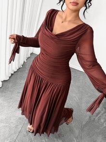 Elenzga Plus Size Dark Green Chiffon Ruched Long Dress With Bowknot Straps, Fall Cowl Neck Long Sleeve, Wedding Guest Dinner Cocktail Formal Elegant Party - Brown - View 2