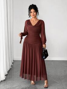 Elenzga Plus Size Dark Green Chiffon Ruched Long Dress With Bowknot Straps, Fall Cowl Neck Long Sleeve, Wedding Guest Dinner Cocktail Formal Elegant Party - Brown - View 4