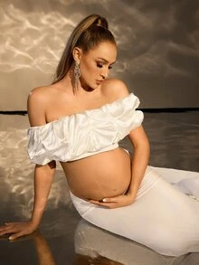 Cheriluna Maternity 孕妇性感露肩超短款上衣搭配低腰拖地裙，适合摄影、写真拍摄 - 白色 - 查看 6