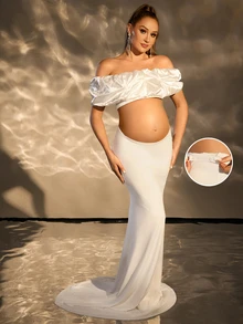 Cheriluna Maternity 孕妇性感露肩超短款上衣搭配低腰拖地裙，适合摄影、写真拍摄 - 白色 - 查看 2