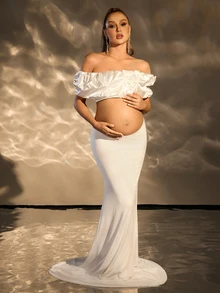 Cheriluna Maternity 孕妇性感露肩超短款上衣搭配低腰拖地裙，适合摄影、写真拍摄 - 白色 - 查看 4