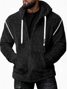 Gym Rark Black And White Men's Winter Zip-Up Hooded Jacket, Baggy Fleece Warm Padded Coat With Drawstring, Biking Outdoor Fashion, Suitable For Daily Work Travel - Dark Grey - View 1