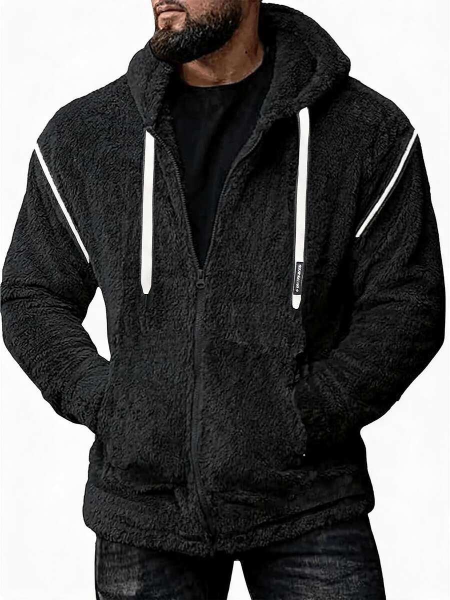 Gym Rark Black And White Men's Winter Zip-Up Hooded Jacket, Baggy Fleece Warm Padded Coat With Drawstring, Biking Outdoor Fashion, Suitable For Daily Work Travel - Dark Grey - View 1