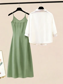 GlowEve Women's Solid Color Camisole Dress And Solid Color Single-Breasted Drawstring Casual Daily 2 Pieces Set - Green - View 2