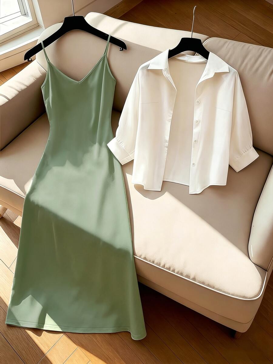 GlowEve Women's Solid Color Camisole Dress And Solid Color Single-Breasted Drawstring Casual Daily 2 Pieces Set - Green - View 1