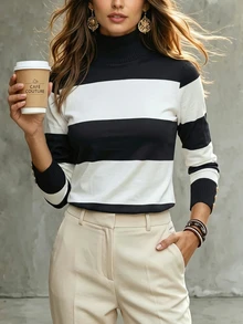 LUMIGAL Women Black White Stripe High Neck Long Sleeve Top, Button Decor Cuff Casual Loose Fit Tee - Multicolor - View 4