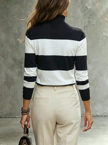 LUMIGAL Women Black White Stripe High Neck Long Sleeve Top, Button Decor Cuff Casual Loose Fit Tee - Multicolor - View 2
