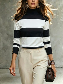 LUMIGAL Women Black White Stripe High Neck Long Sleeve Top, Button Decor Cuff Casual Loose Fit Tee - Multicolor - View 6