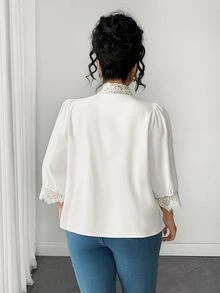 Velvienne Plus Size Women's French Elegant Commute Casual Daily Lace Patchwork White Shirt, 3/4 Sleeve White Shirt, Suitable For Daily Outings, Workplace Commute, Office Wear, Women's Versatile Top, Summer/Autumn - White - View 5